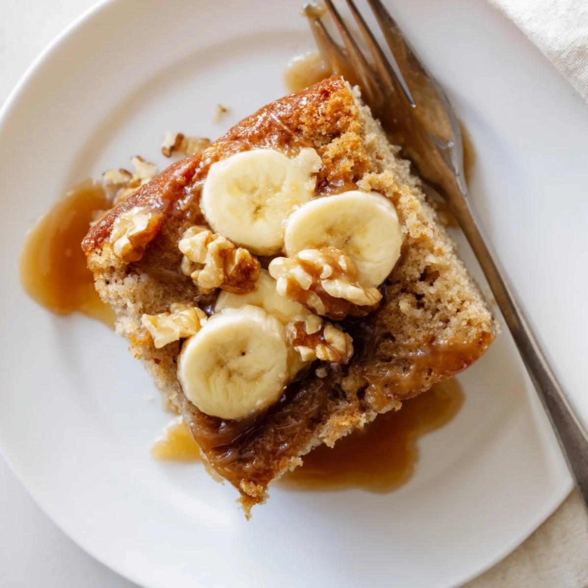 Golden salted caramel brown butter banana cake drizzled with luscious caramel sauce