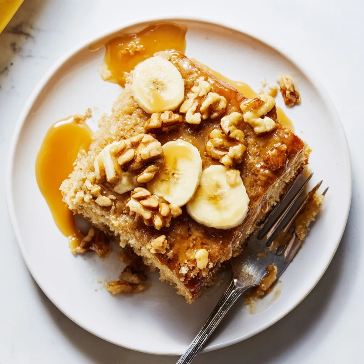 Slice of indulgent brown butter banana cake with sticky caramel dripping down sides