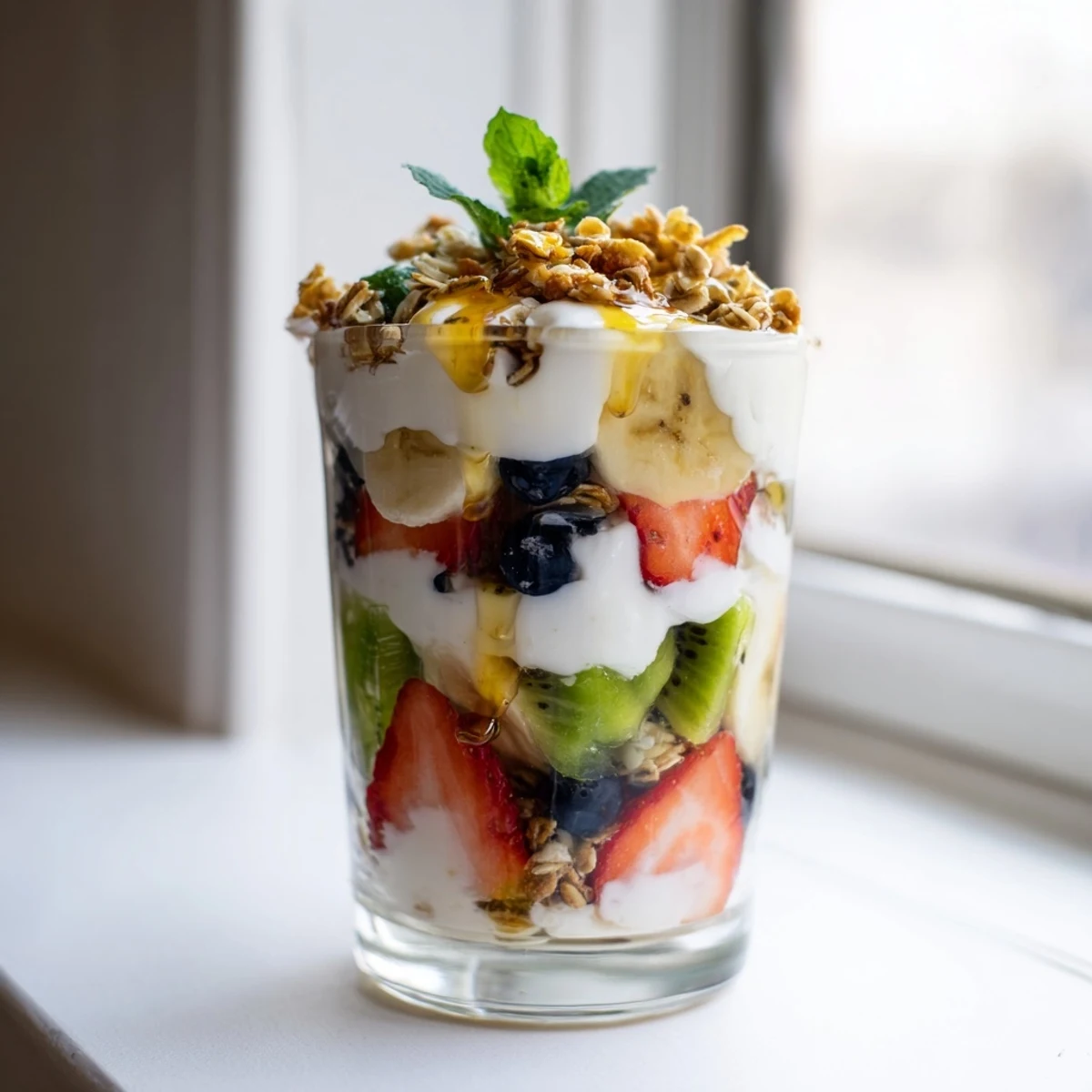 Clear glass showing beautiful vertical layers of homemade yogurt parfait recipe with golden honey cascading over mixed berries, kiwi, banana, and crunchy granola