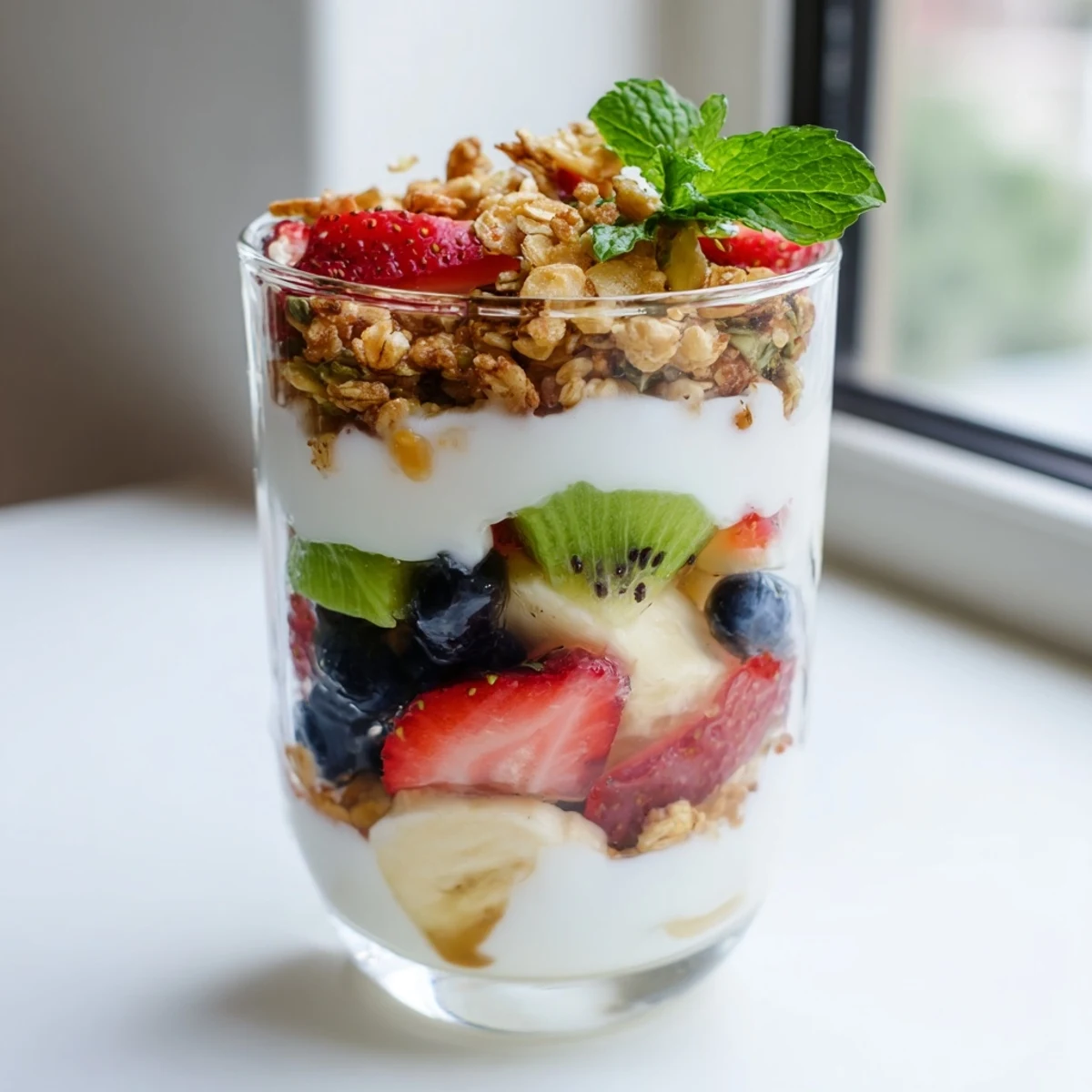 Glass parfait bowl layered with creamy Greek yogurt parfait recipe, honey drizzle, and colorful fresh strawberries, blueberries, kiwi slices, banana, and granola topping