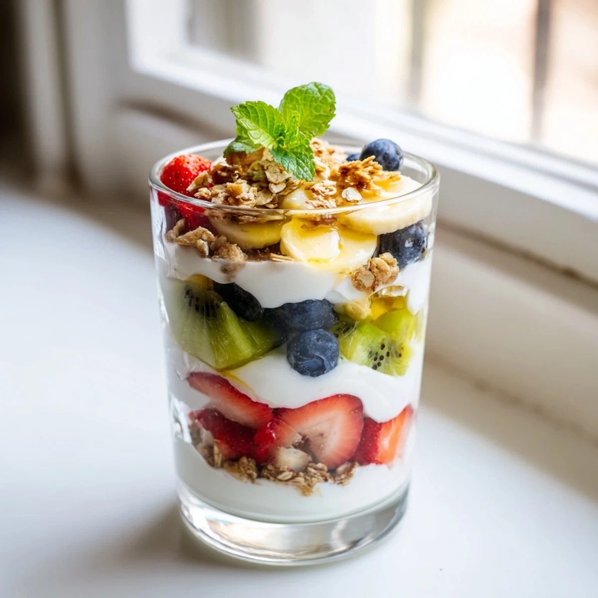 Breakfast parfait recipe displaying alternating stripes of thick yogurt, fresh fruit medley, and honey garnish topped with mint leaves in elegant serving glasses
