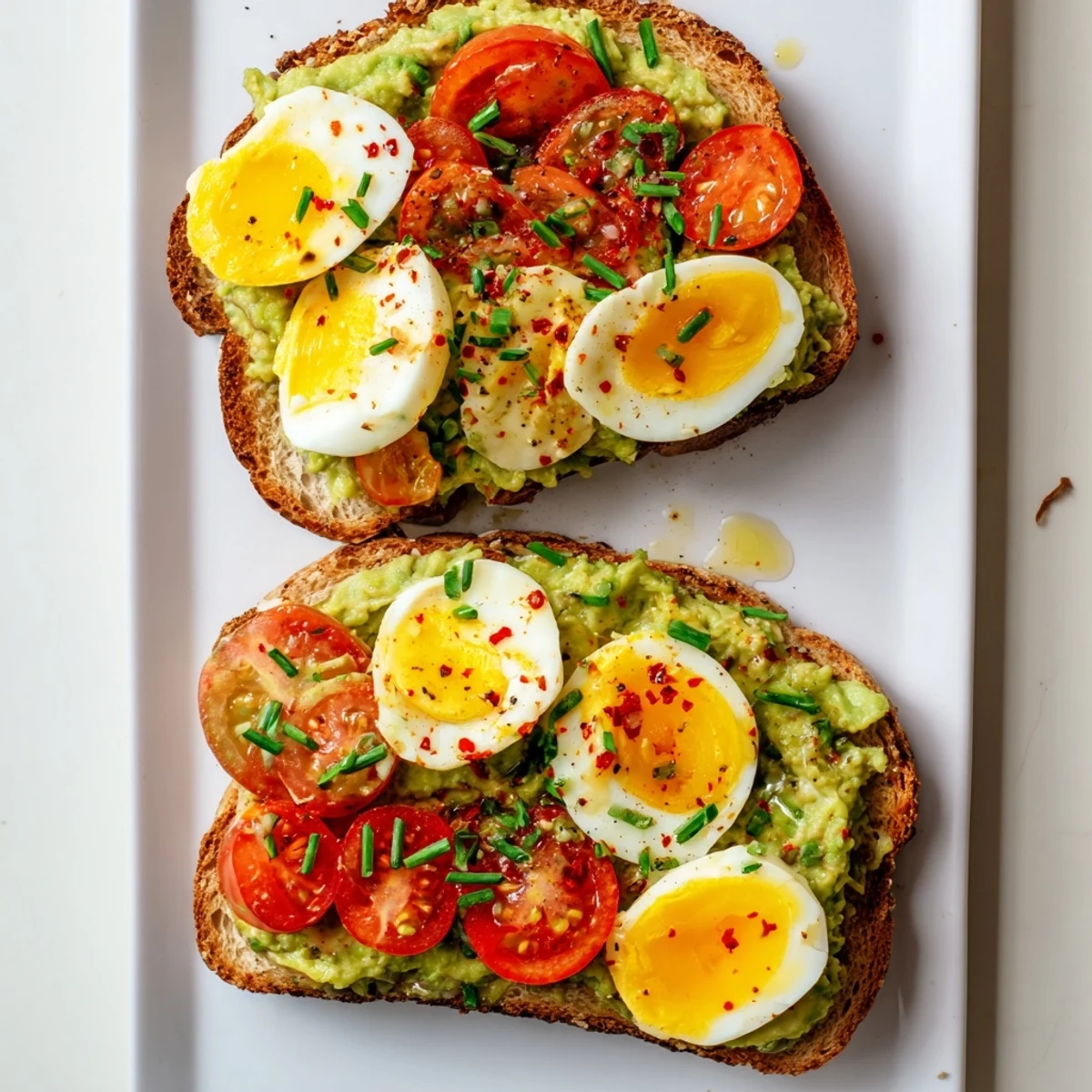 Creamy avocado spread on toasted sourdough layered with fresh tomato and sliced hard-boiled eggs