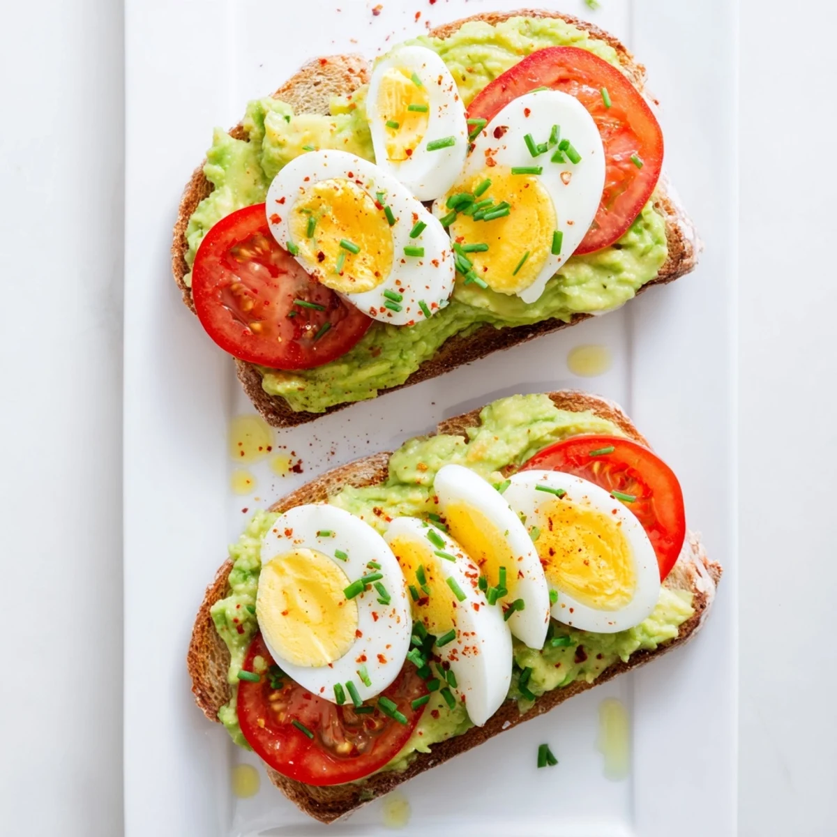 Golden avocado toast topped with juicy tomato slices and perfectly hard-boiled egg