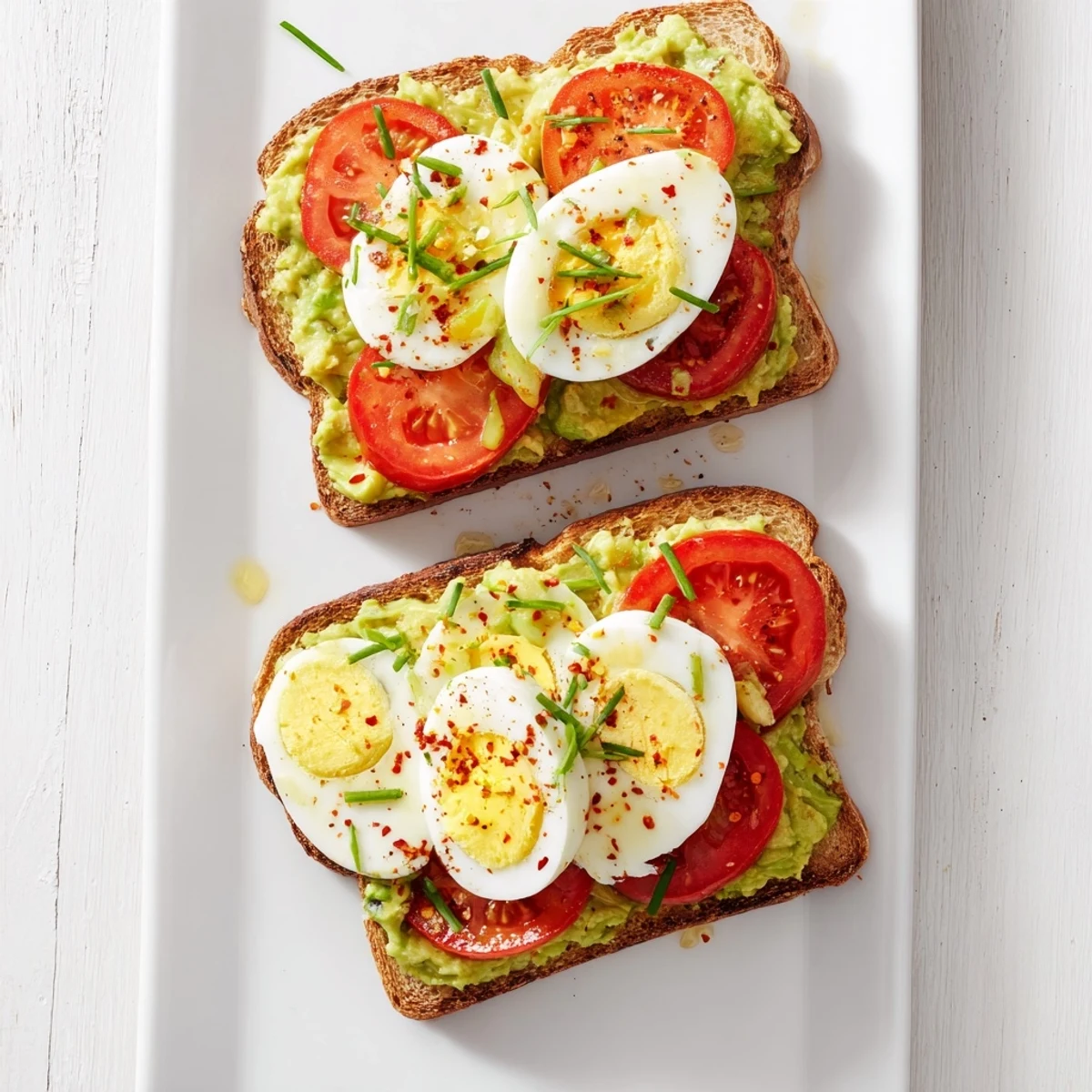Open-faced breakfast sandwich featuring mashed avocado, ripe tomato, and protein-rich hard-boiled egg