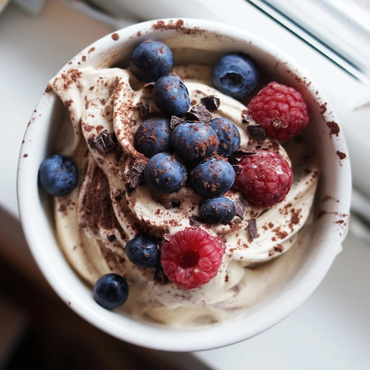 Creamy healthy nice cream served in a bowl topped with fresh berries and banana slices