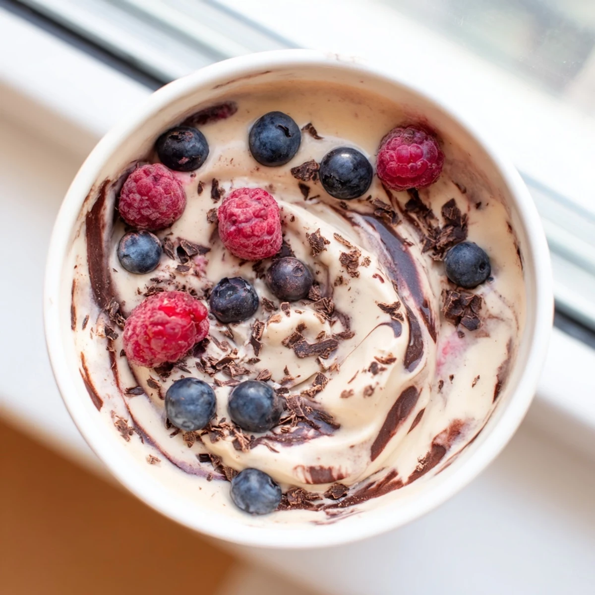 Soft serve healthy nice cream scooped into a glass bowl with chopped nuts and coconut flakes garnish