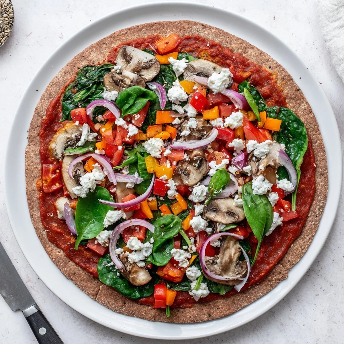 Golden whole wheat low cholesterol pita pizza topped with colorful vegetables and melted cheese