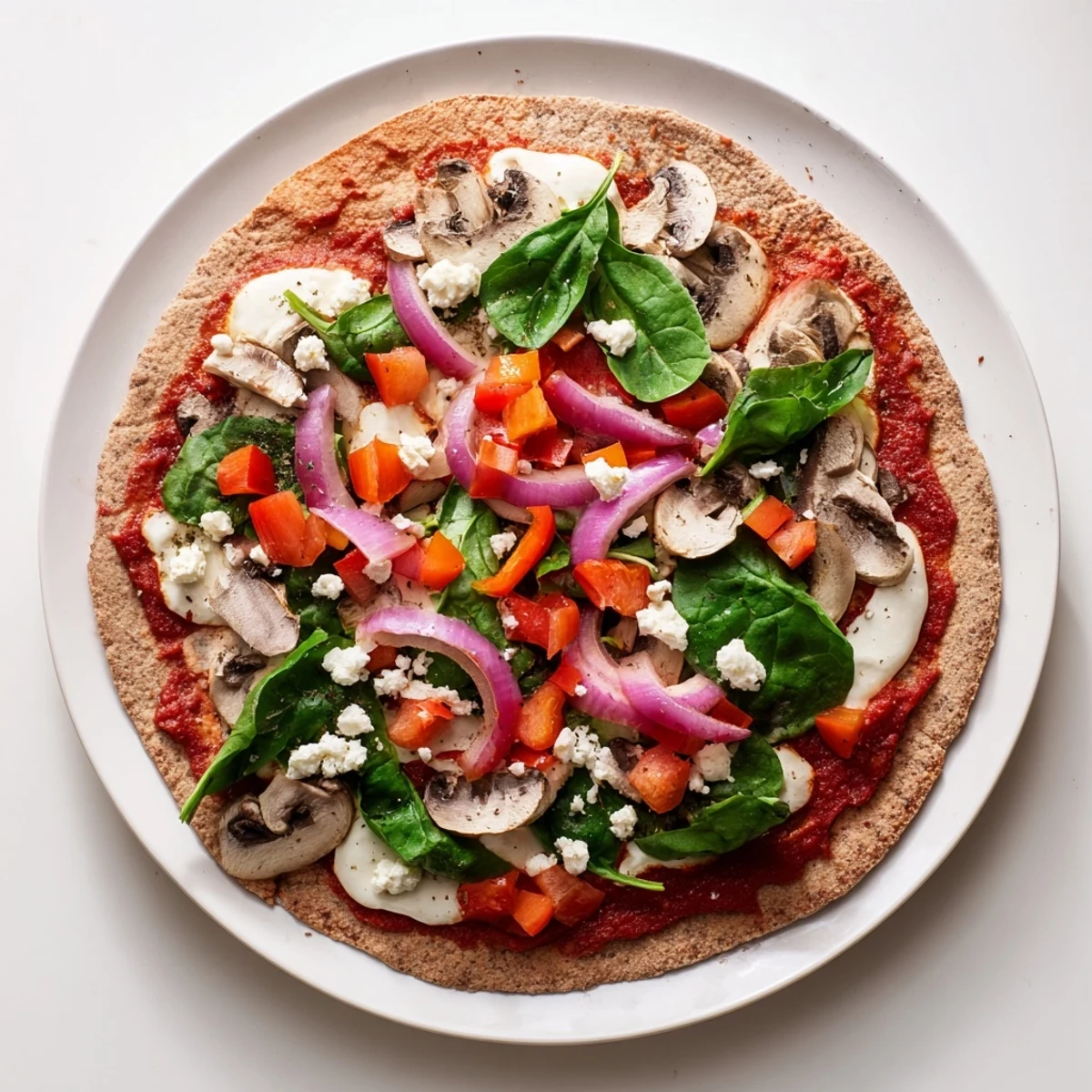 Sliced low cholesterol pita pizza featuring crisp bell peppers, tomatoes, and light mozzarella cheese