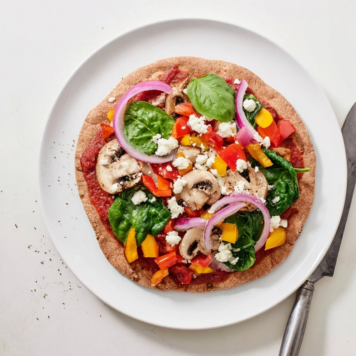 Heart-healthy low cholesterol pita pizza baked until bubbly with fresh Mediterranean vegetable toppings