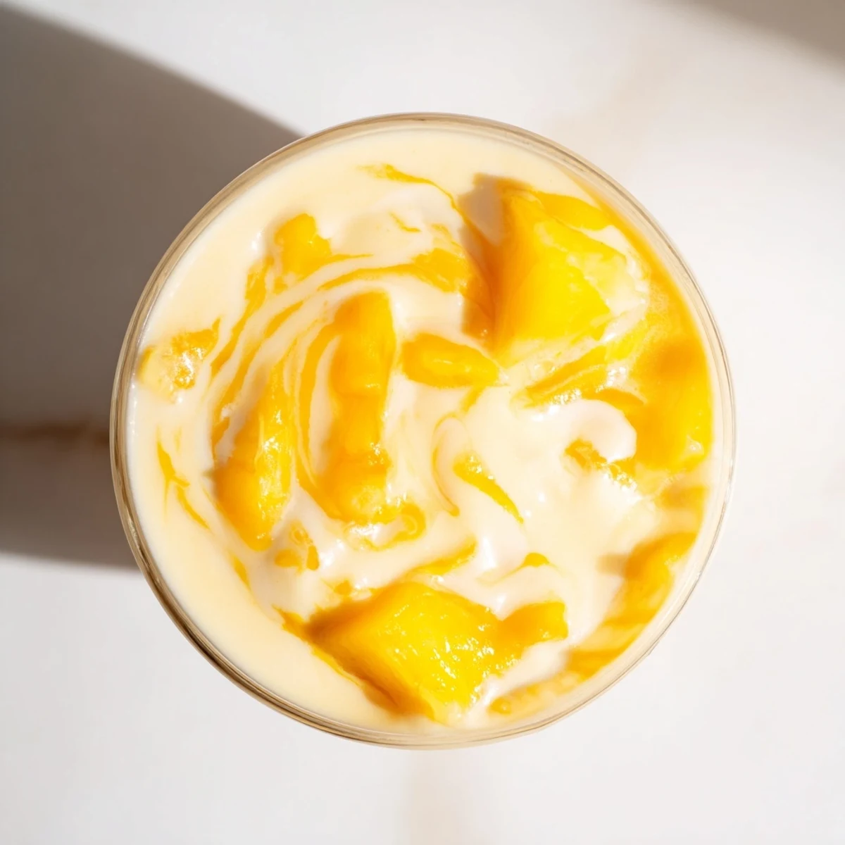 Golden tropical pineapple mango smoothie recipe poured into a glass with fresh fruit garnish