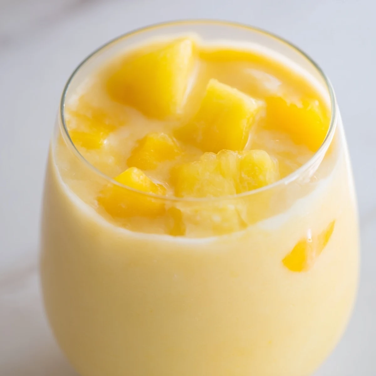 Refreshing pineapple mango smoothie recipe served chilled with mint sprig and pineapple wedge topping