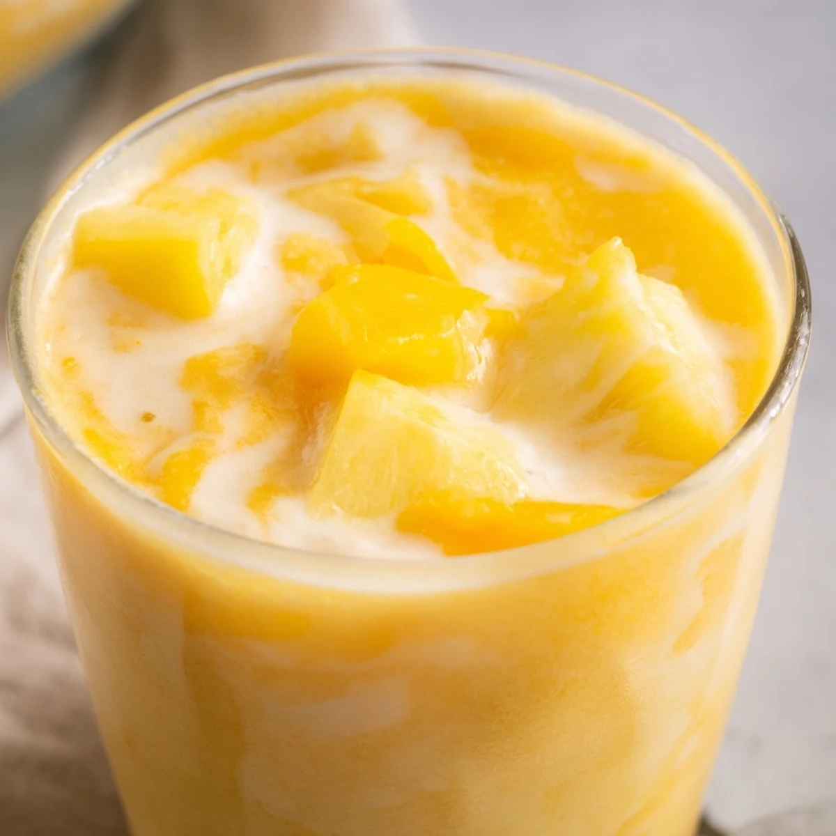 Creamy coconut pineapple mango smoothie recipe blending vibrant yellow frozen fruits with plant milk