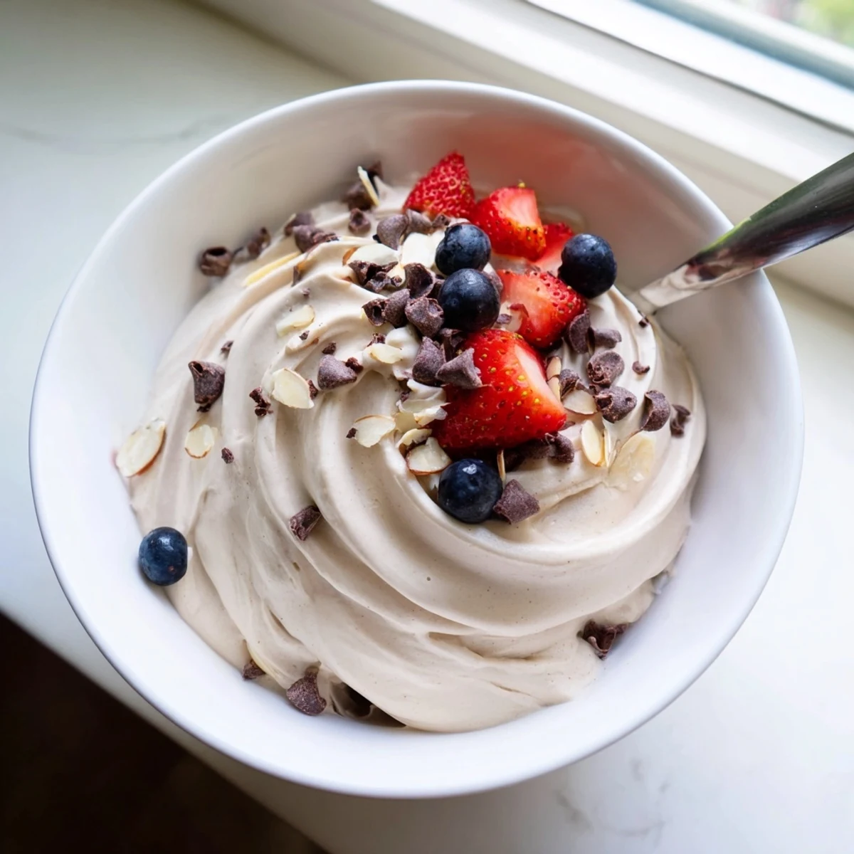 Smooth dairy-free banana nice cream with swirls of nut butter and a sprinkle of chopped toasted nuts