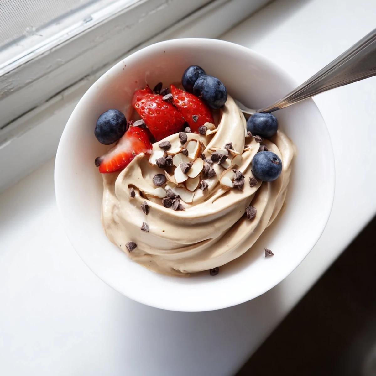 Creamy banana nice cream served in a chilled bowl topped with fresh berries and dark chocolate chips