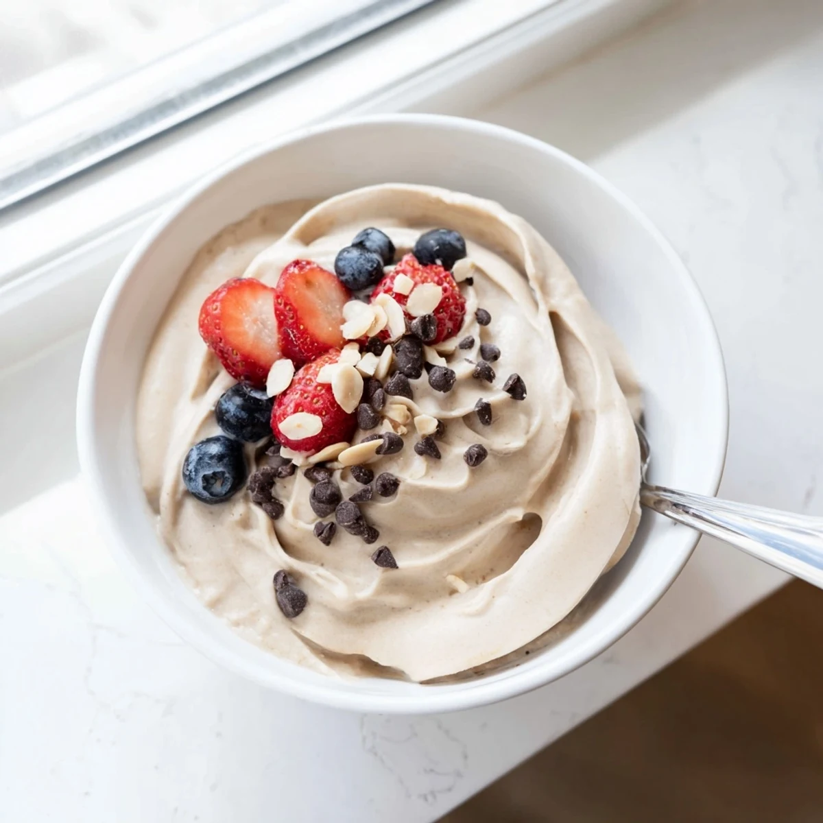 Velvety soft-serve banana nice cream garnished with sliced bananas and coconut flakes for a healthy vegan dessert