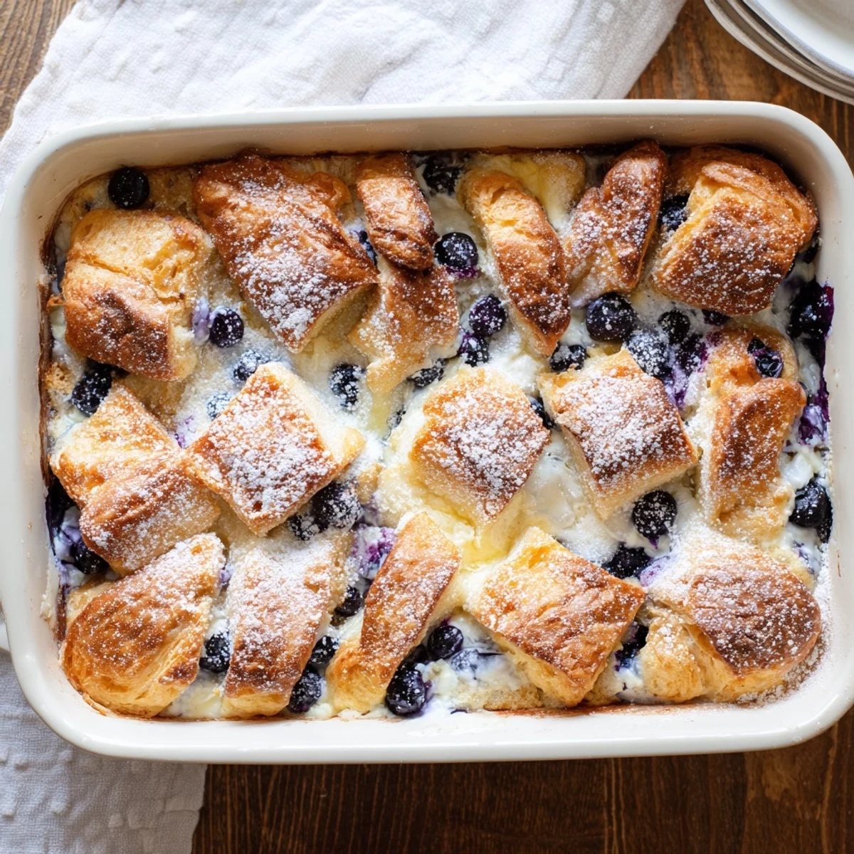 Golden blueberry cream cheese croissant casserole with powdered sugar dusting on top