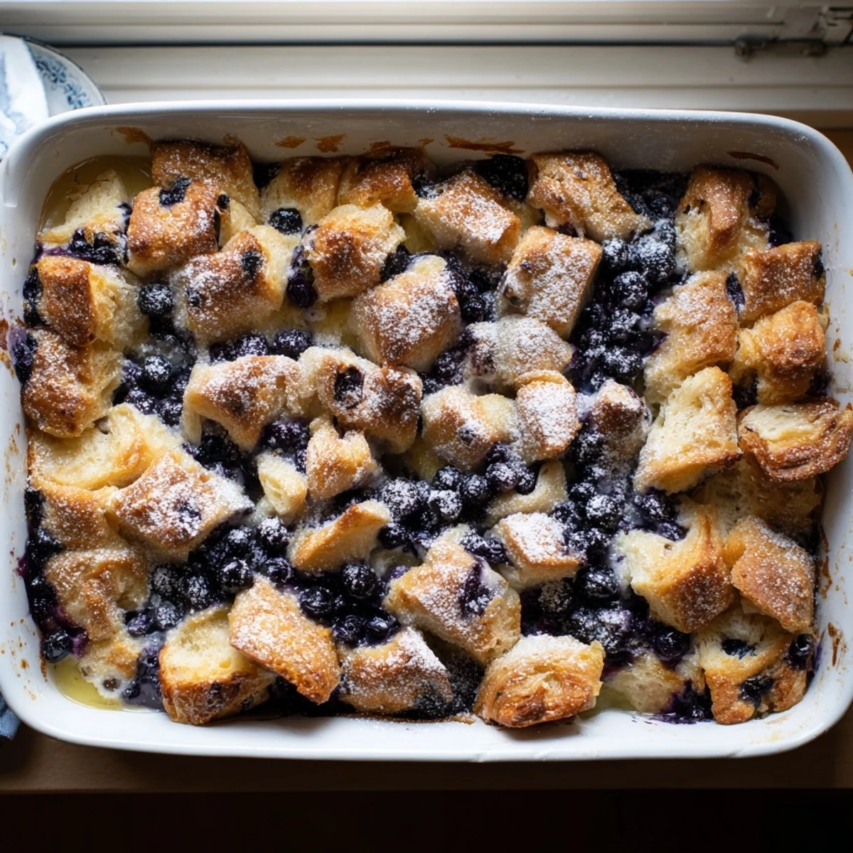 Baked breakfast dish featuring buttery croissants soaked in creamy custard with sweet blueberries