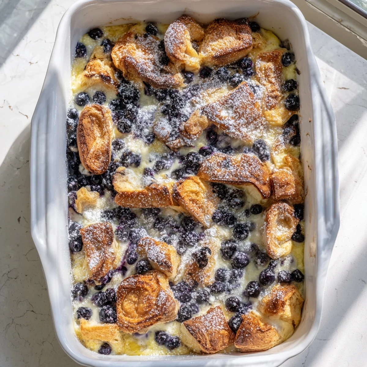 Warm brunch casserole with golden brown croissant pieces and juicy blueberry layers