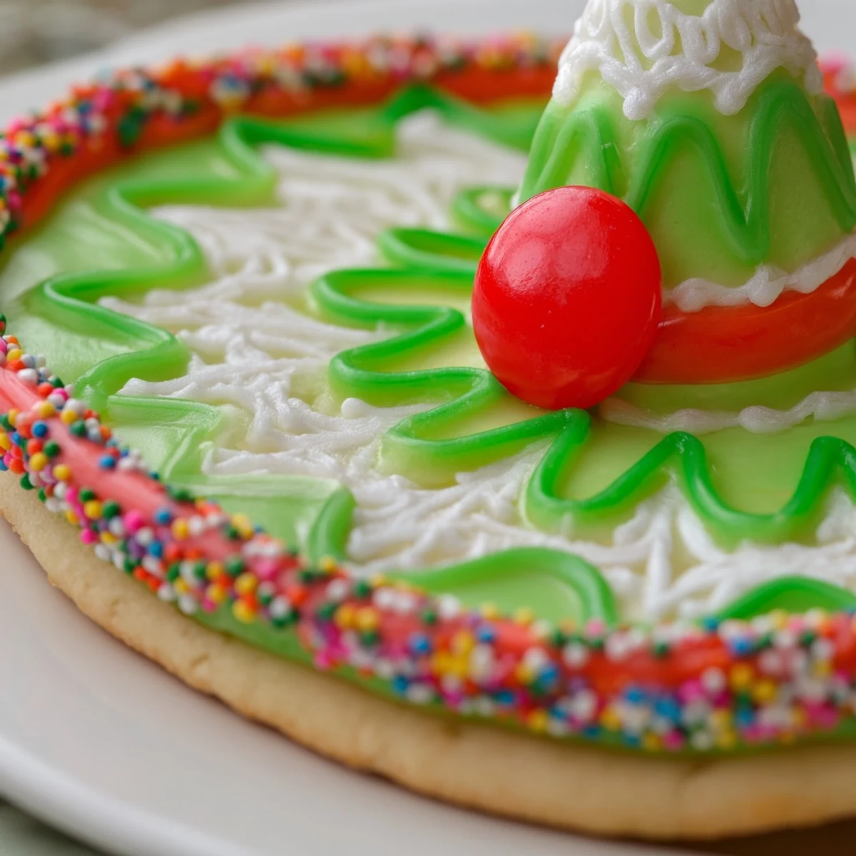 Festive Cinco de Mayo sombrero cookies topped with colorful gumdrops and bright sprinkles on a white plate