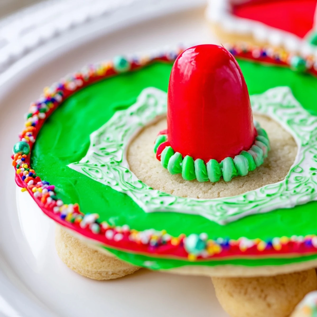 Mexican sombrero-shaped sugar cookies decorated with vibrant frosting and candy for your Cinco de Mayo celebration party