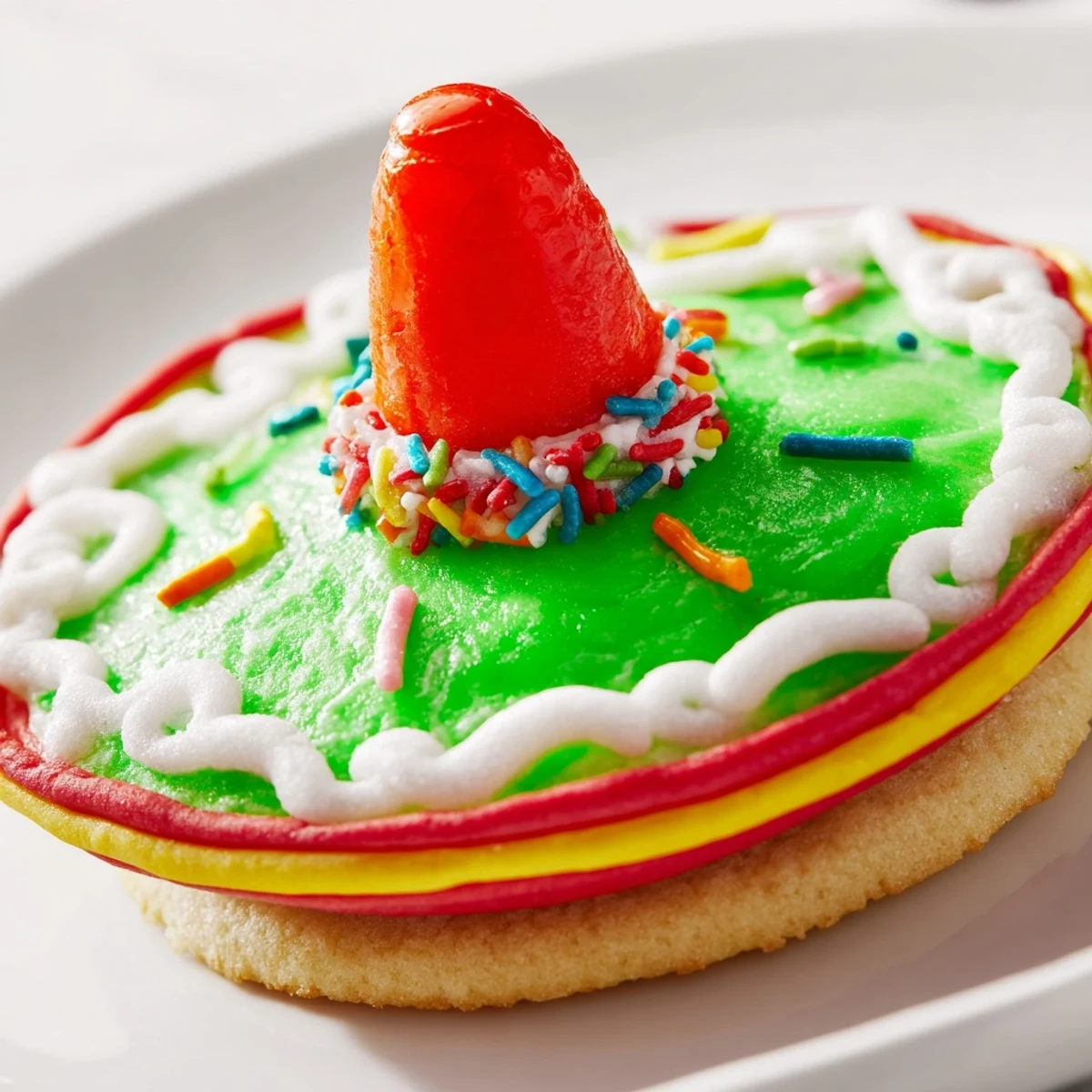 Colorful Cinco de Mayo sombrero cookies arranged on a serving platter with rainbow sprinkles and gumdrop accents