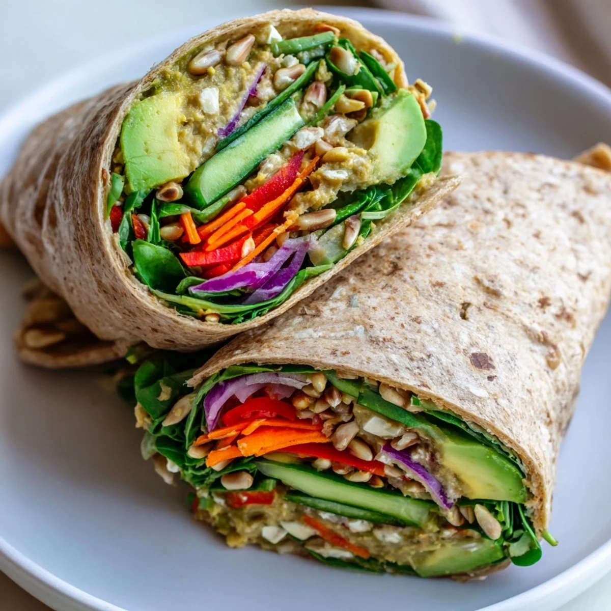 Mediterranean veggie wrap with hummus layered with spinach peppers avocado sliced diagonally on a plate