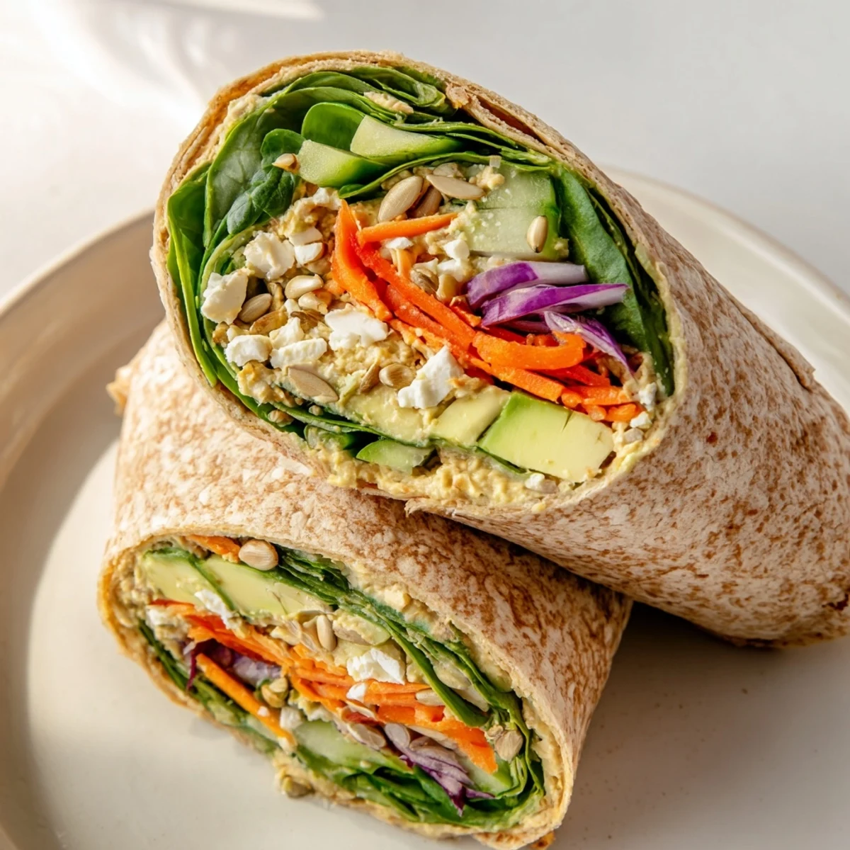 Fresh veggie wrap with hummus featuring crisp colorful vegetables rolled in a whole wheat tortilla