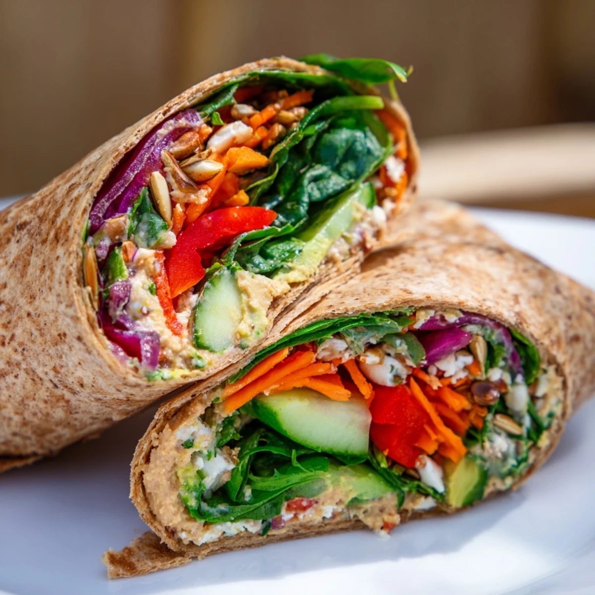 Healthy veggie wrap with hummus showcasing vibrant carrots cucumber and creamy spread in a handheld lunch