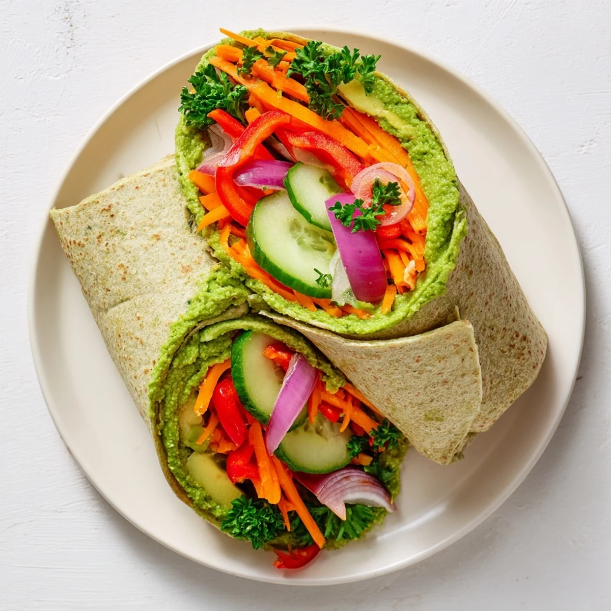 Quick healthy spinach hummus wraps rolled with shredded carrots cucumber and creamy green spread
