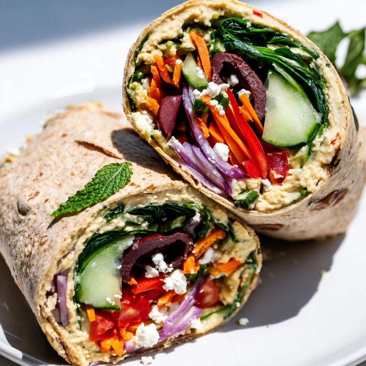 Golden whole wheat tortilla wrapped around creamy hummus and crisp colorful vegetables