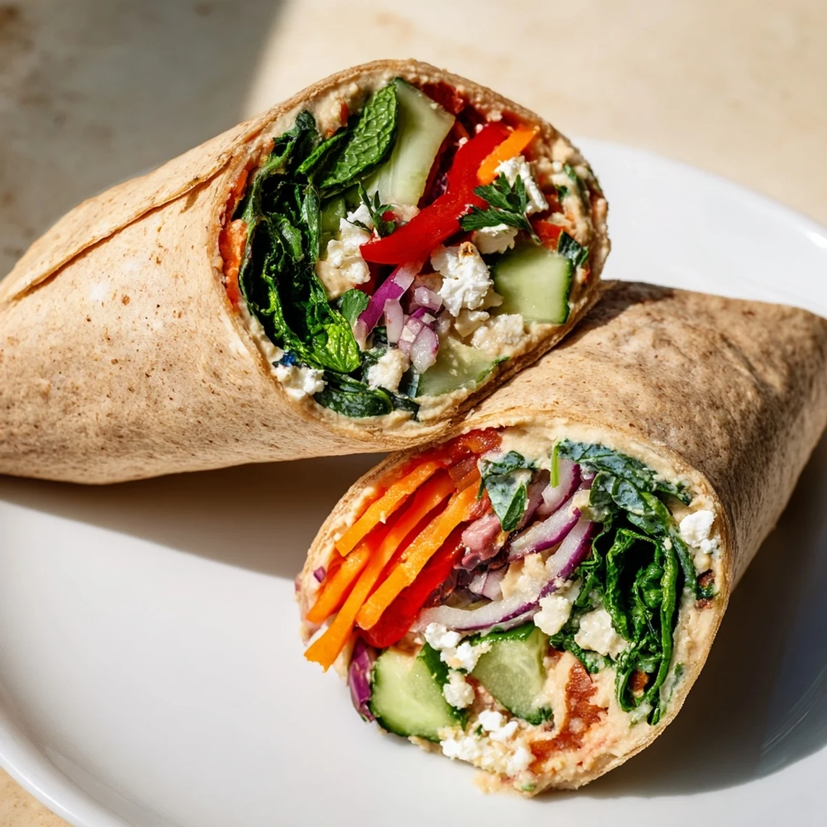 Heavenly Hummus Wrap recipe featuring sliced tomatoes, cucumber, and fresh mint leaves