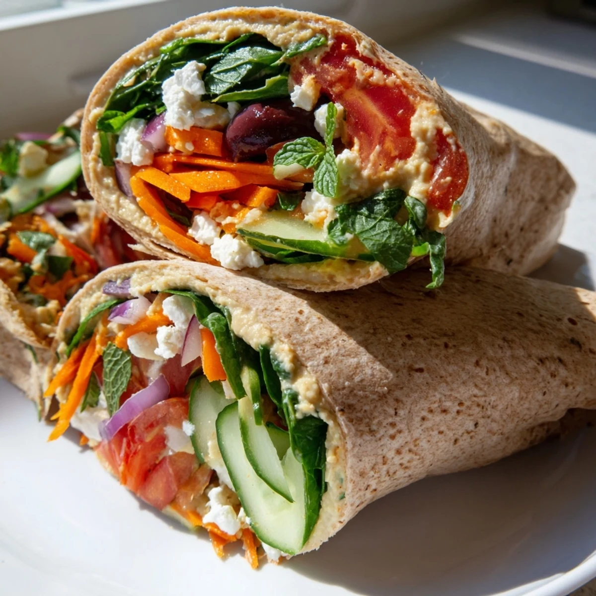 Mediterranean-style Heavenly Hummus Wrap diagonally sliced showing vibrant vegetable layers inside