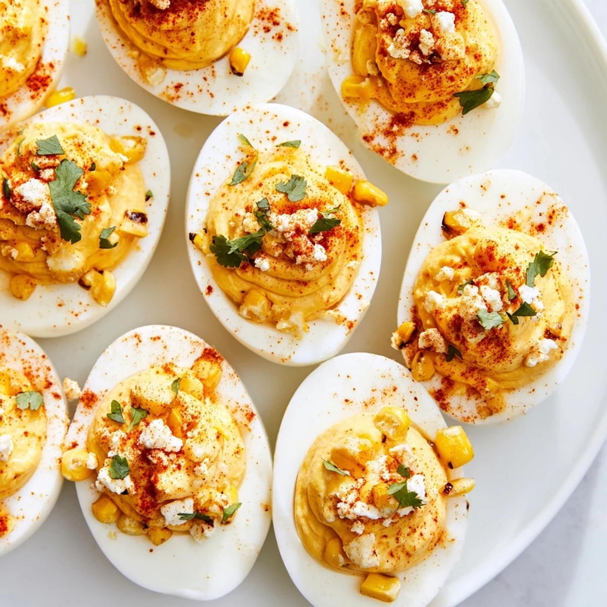 Golden Mexican Street Corn Deviled Eggs topped with crumbly cotija cheese and fresh cilantro