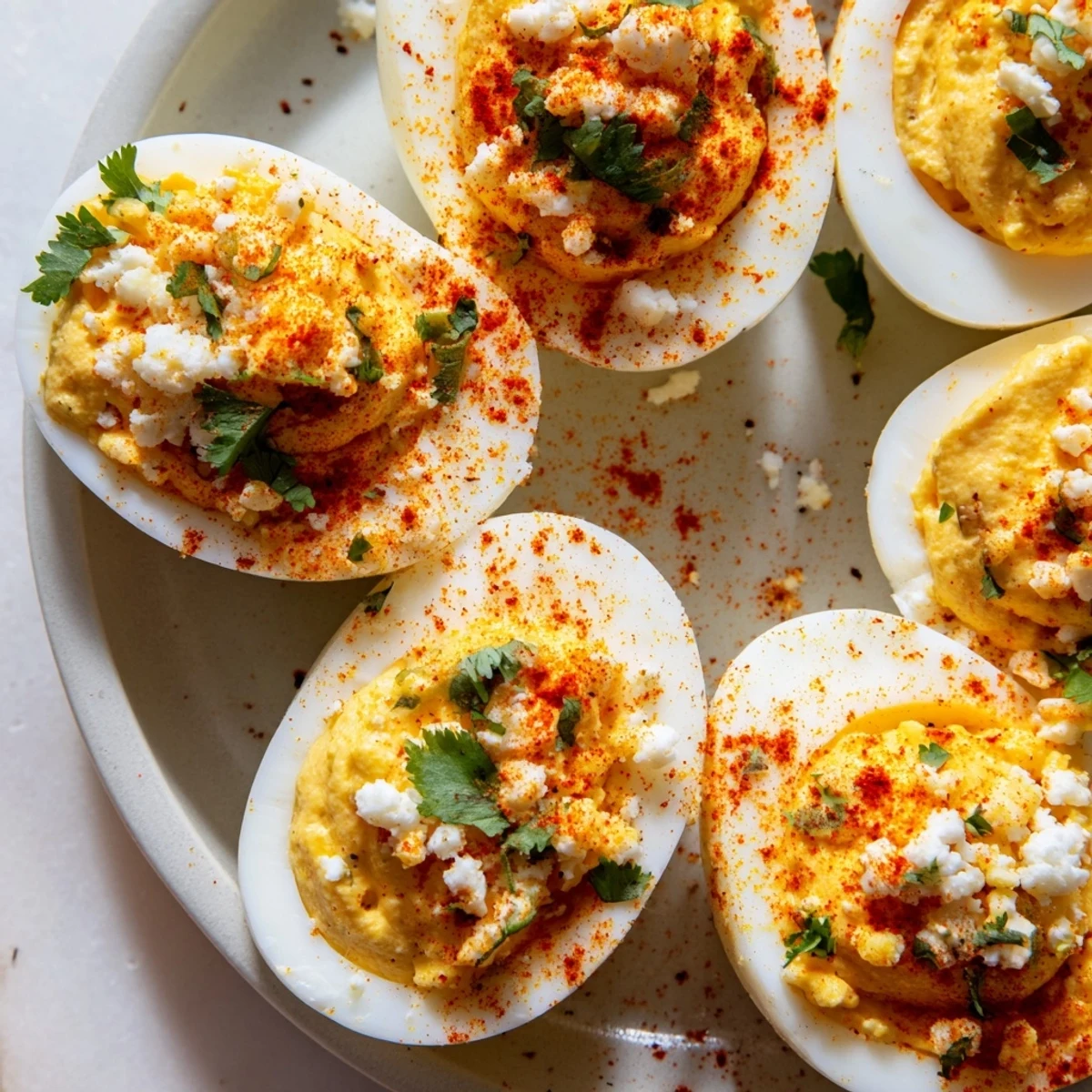 Creamy Mexican Street Corn Deviled Eggs garnished with chili powder and lime wedges