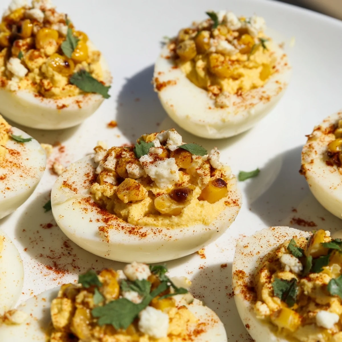 Platter of zesty Mexican Street Corn Deviled Eggs sprinkled with savory cotija cheese