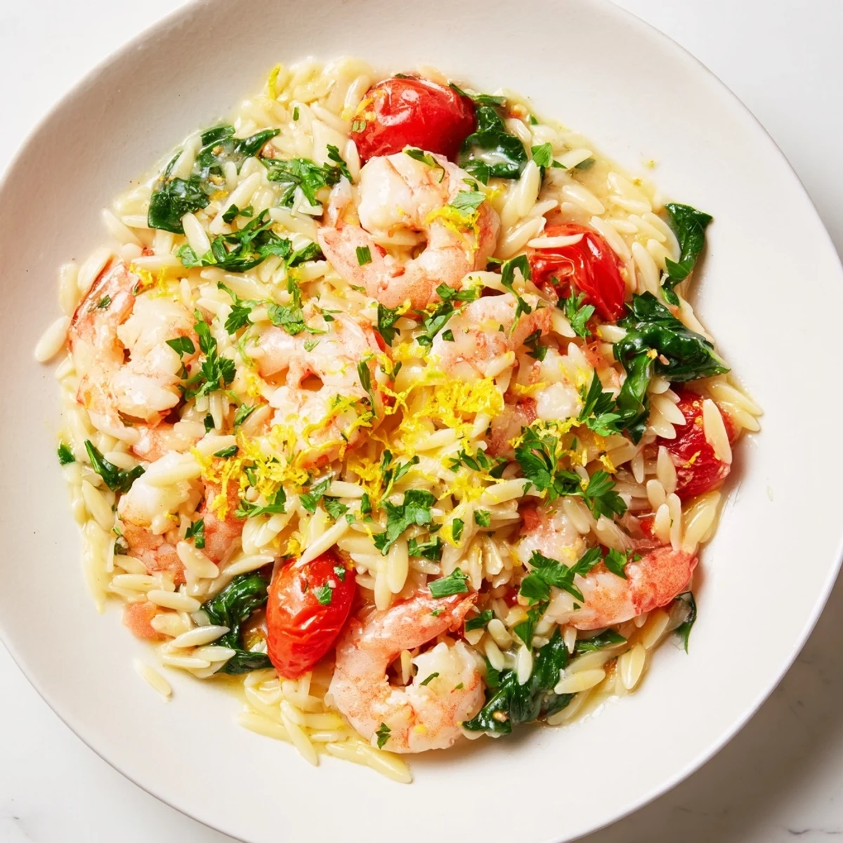 Mediterranean-style shrimp and orzo cooked in a savory lemon broth with colorful vegetables and herbs