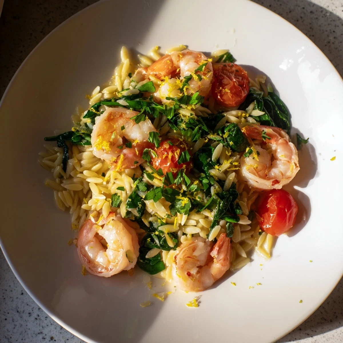One-pan lemon shrimp and orzo skillet featuring tender seafood, bright citrus flavors, and fresh parsley garnish