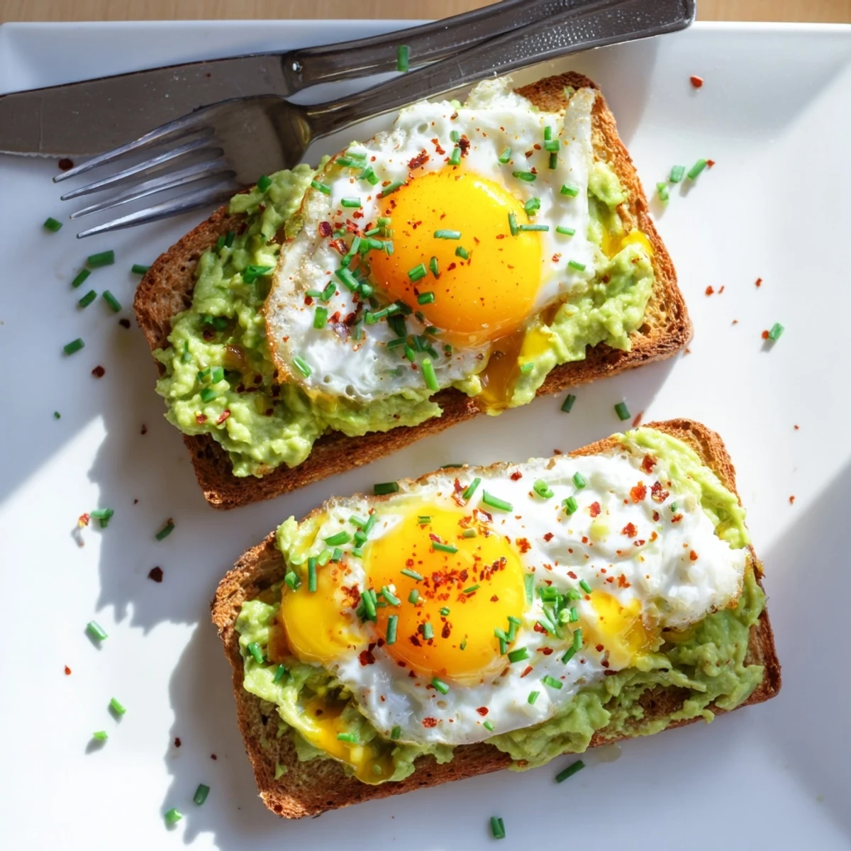 Golden toasted bread topped with creamy mashed avocado and a perfectly fried egg with runny yolk