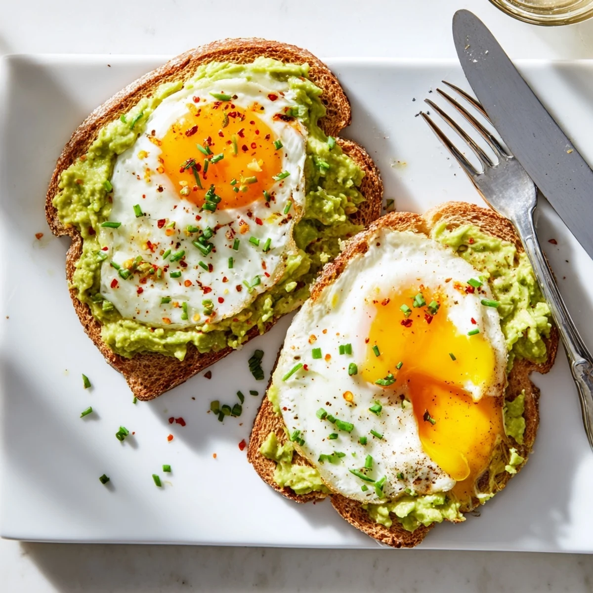 Simple avocado toast with egg featuring fresh herbs, red pepper flakes, and a drizzle of olive oil