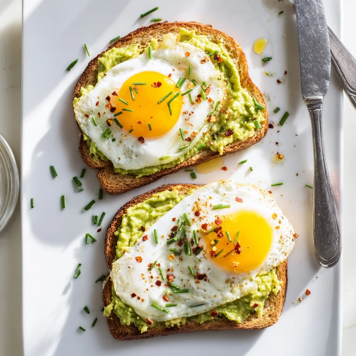 Whole grain toast layered with smashed avocado, a sunny-side-up egg, and optional chopped chives for breakfast