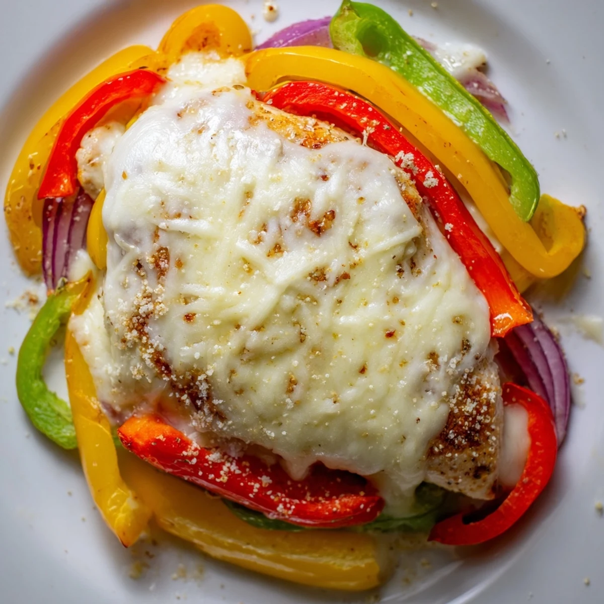 Golden cheesy baked chicken breast nestled among colorful roasted bell peppers and onions