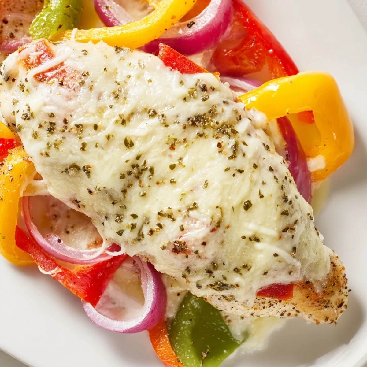 Tender cheesy baked chicken breast topped with melted mozzarella over vibrant pepper medley