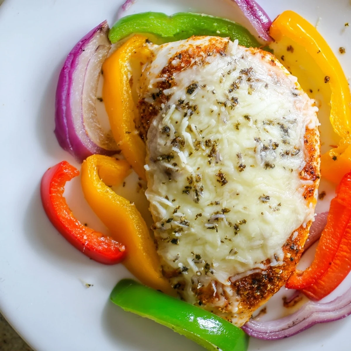 Bubbling cheesy baked chicken breast served with tender peppers and golden brown cheese topping