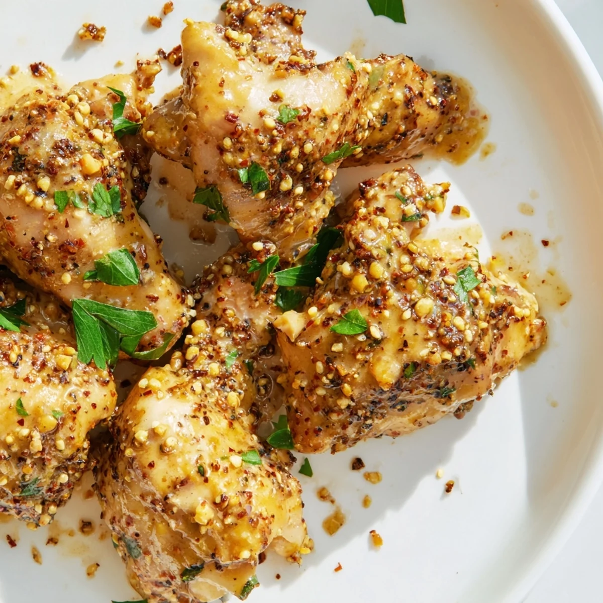 Juicy oven baked honey mustard chicken resting on a white plate garnished with fresh parsley