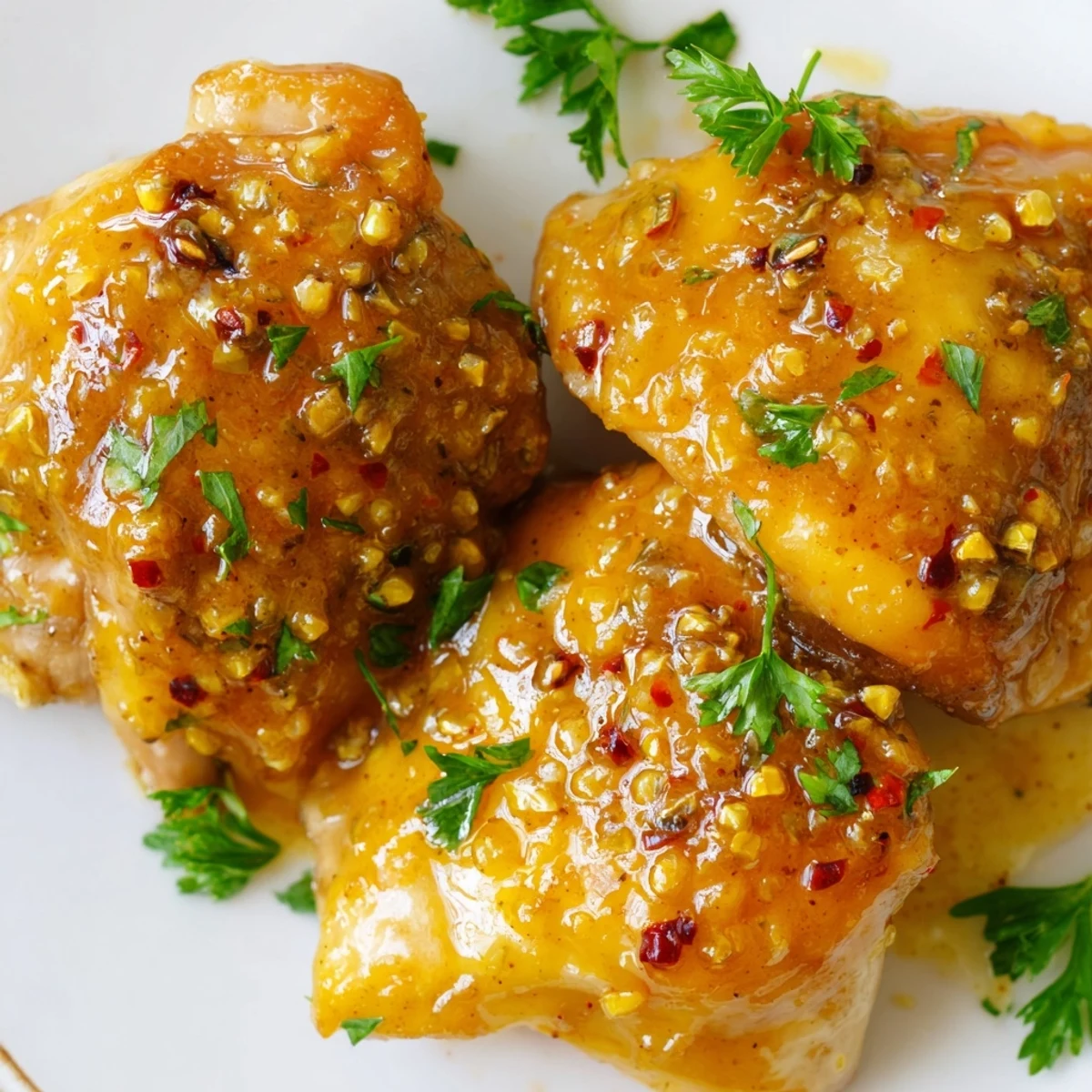 Tender chicken pieces coated in honey mustard sauce bubbling in a glass baking dish