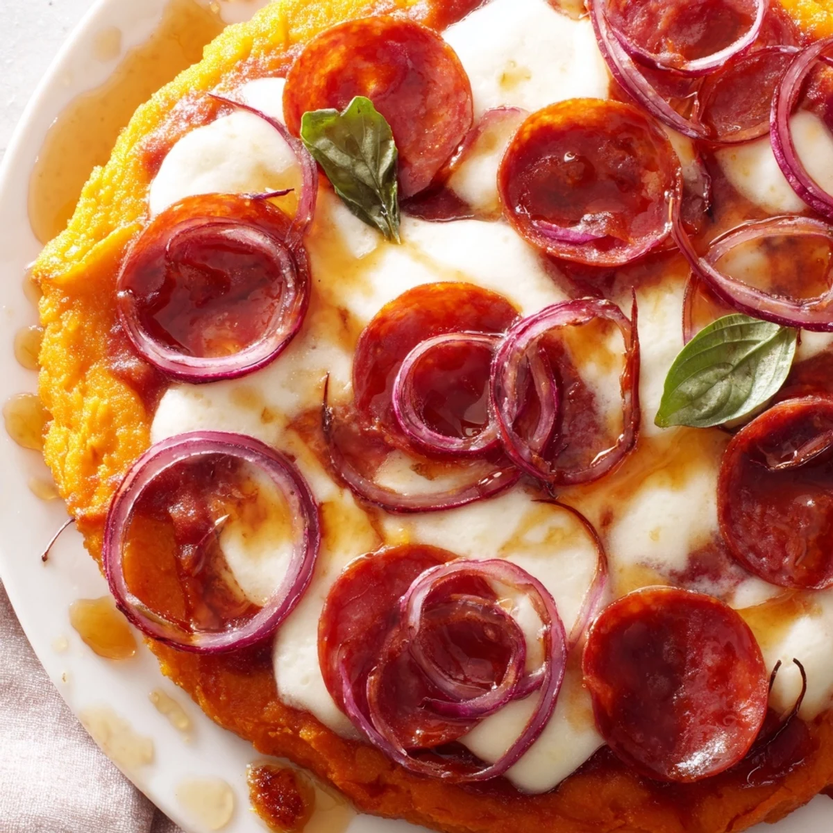 Golden pepperoni hot honey pizza with orange sweet potato crust drizzled with spicy honey
