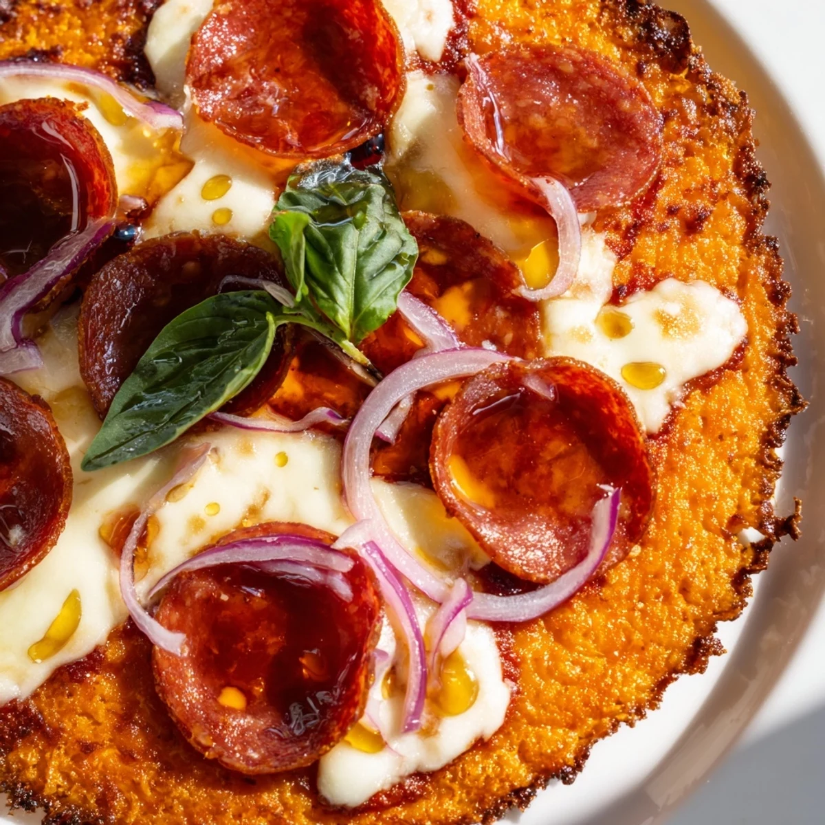 Gluten-free sweet potato crust pizza topped with bubbling mozzarella pepperoni and red onion slices