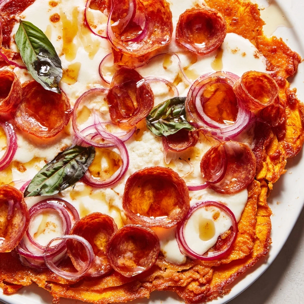 Vibrant pizza featuring crispy pepperoni melted cheese and sweet hot honey on sweet potato base