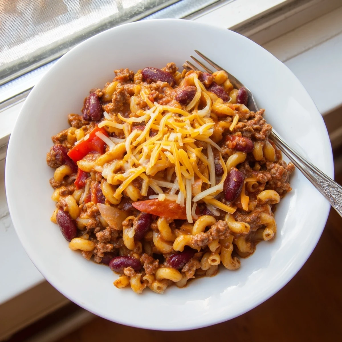 Bubbling chili mac and cheese casserole with melted cheddar topping and kidney beans
