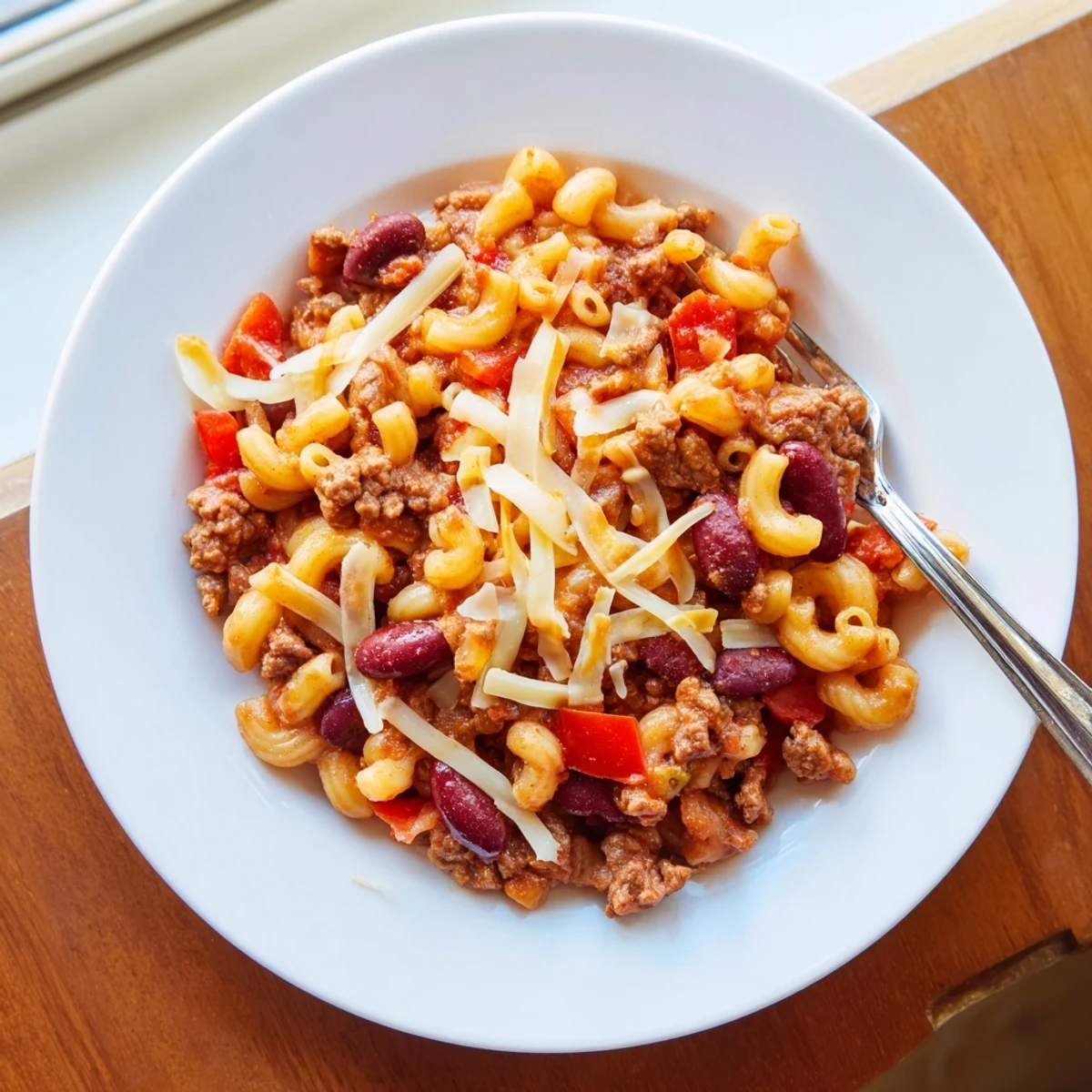 Spoon lifting creamy chili mac and cheese with savory ground beef and red peppers